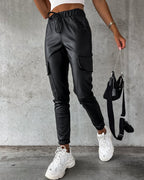 Drawstring Elastic Waist PU Leather Pants with Pocket