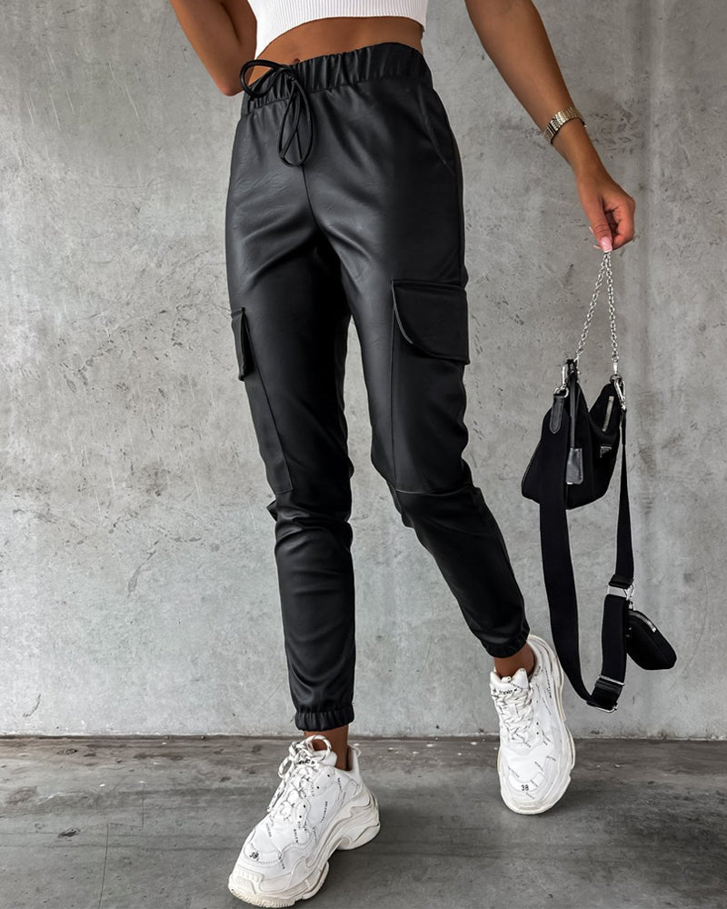 Drawstring Elastic Waist PU Leather Pants with Pocket