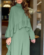 The LA FINE FLEUR  2-piece high neck cape with ruffles and wide-leg pants set.
