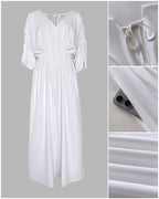 Deep V-Neck Jumpsuit with Ruched Sleeves and Waist Ties