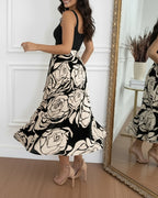 Colorblock Floral Skirt with Lace-Up and Asymmetrical Hem