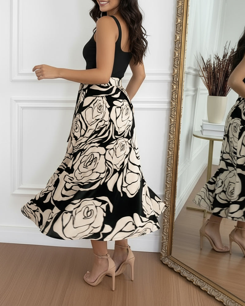 Colorblock Floral Skirt with Lace-Up and Asymmetrical Hem