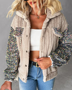 LA FINE FLEUR Turn-Down Collar Teddy Jacket with Sequin Patch, white crop top, blue jeans.