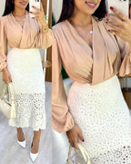 Crochet Elastic Skirt, Mid-Calf Hollow-Out Design, Casual Wear