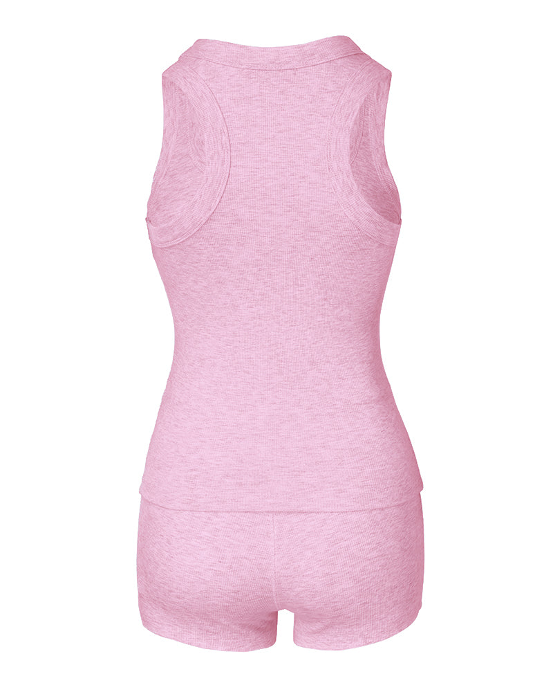 Light pink micro-ribbed sleeveless U-neck tank top paired with matching boxer shorts.