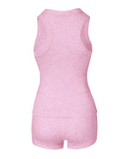 Light pink micro-ribbed sleeveless U-neck tank top paired with matching boxer shorts.