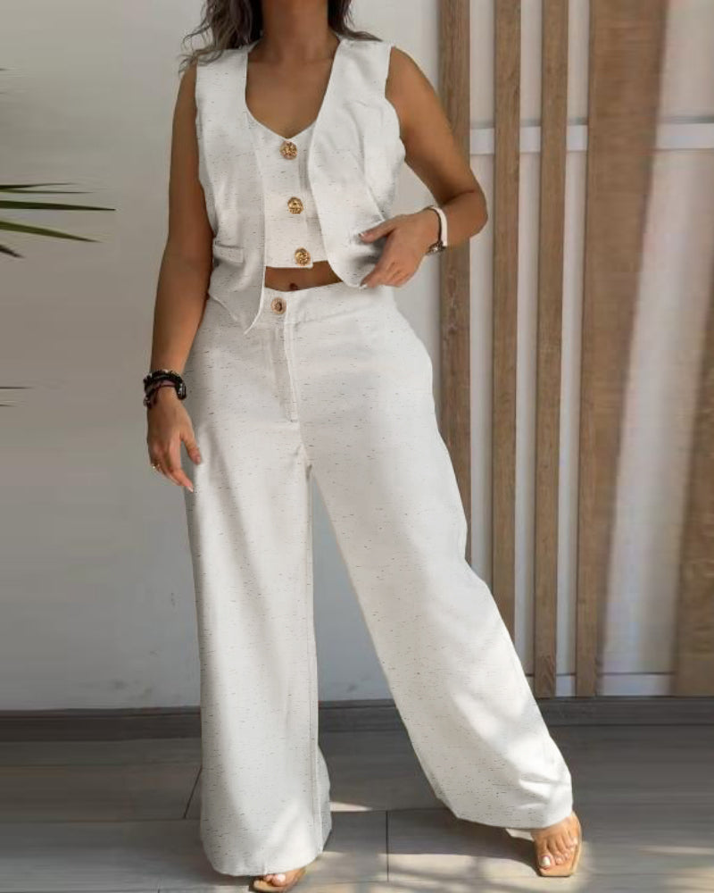 V-neck vest crop top paired with matching wide-leg pants from the LA FINE FLEUR 2-piece set.