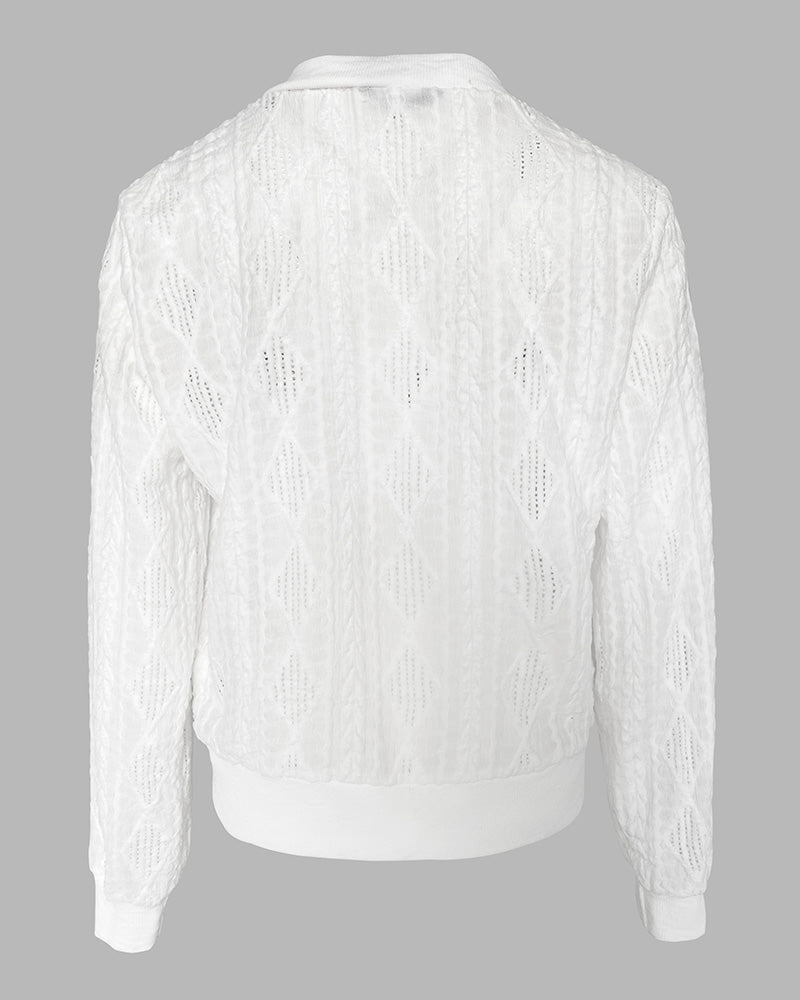 White Jacquard Diamond Pattern bomber jacket with hollow-out design, ribbed cuffs, collar, and waistband.