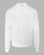 White Jacquard Diamond Pattern bomber jacket with hollow-out design, ribbed cuffs, collar, and waistband.