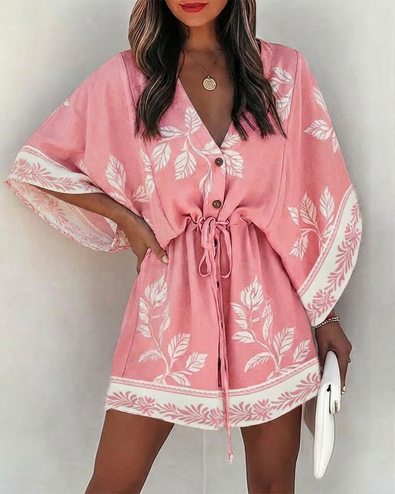 Floral V-Neck Mini Dress with bell sleeves and a drawstring waist by LA FINE FLEUR.