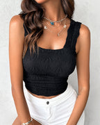 Floral Jacquard Square Neck Crop Top with Thick Straps