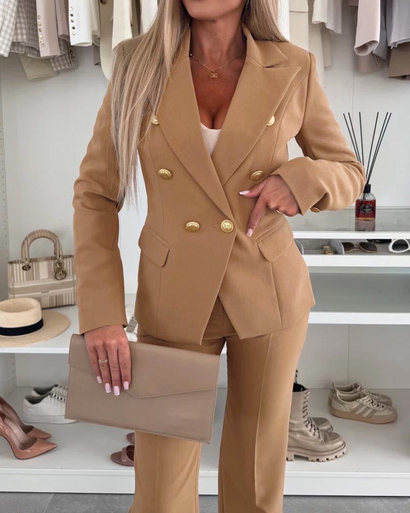 2-Piece Notched Collar Coat with Slim Fit Flared Pants Set