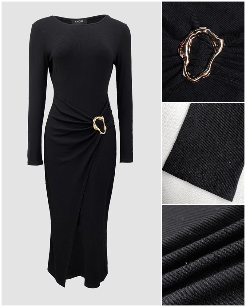 Ribbed Wrap Dress with Cinched Waist and Mid-Length Ring Detail