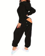 The LA FINE FLEUR Buttoned Ear Flap Lounge Jumpsuit with hood, ear flaps, and back buttoned flap.