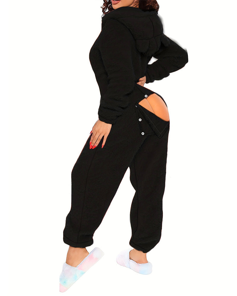 The LA FINE FLEUR Buttoned Ear Flap Lounge Jumpsuit with hood, ear flaps, and back buttoned flap.