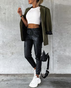 Drawstring Elastic Waist PU Leather Pants with Pocket