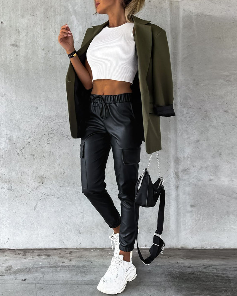 Drawstring Elastic Waist PU Leather Pants with Pocket