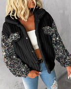 LA FINE FLEUR Turn-Down Collar Teddy Jacket with sequin patch, white crop top, distressed blue jeans.