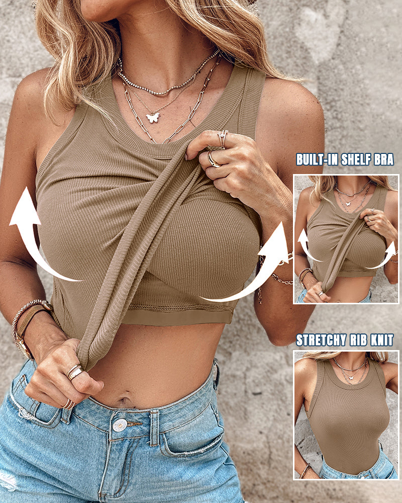 Ribbed Tank Top with Built-In Bra and Round Neck