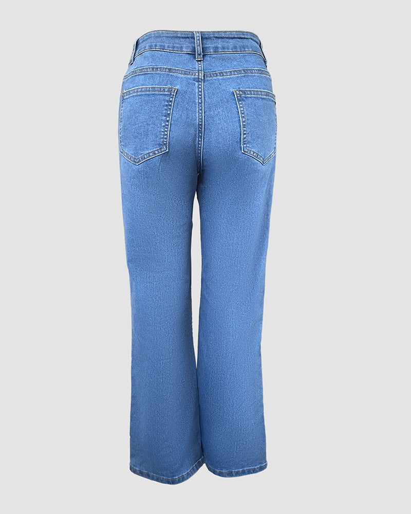Seam Front Zip-Fly High Waist Straight Denim Jeans