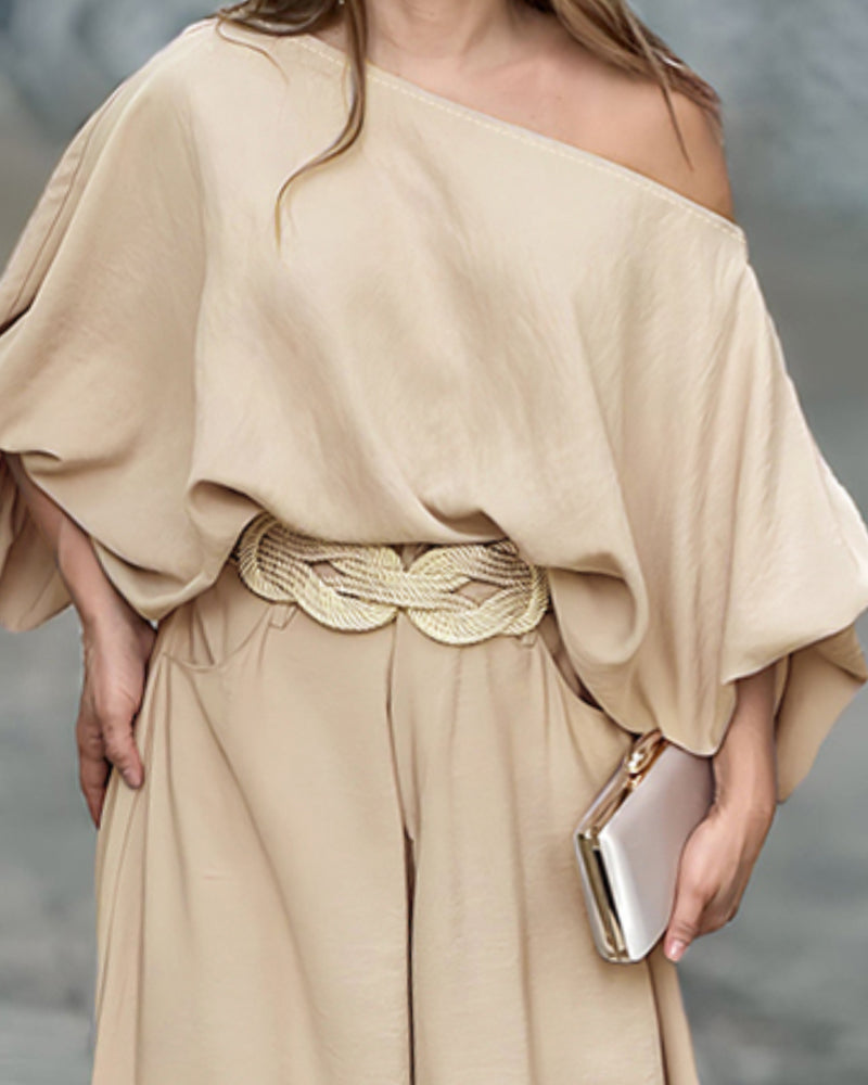 LA FINE FLEUR Skew Neck Lantern Sleeve Blouse paired with matching Wide Leg Pants set.