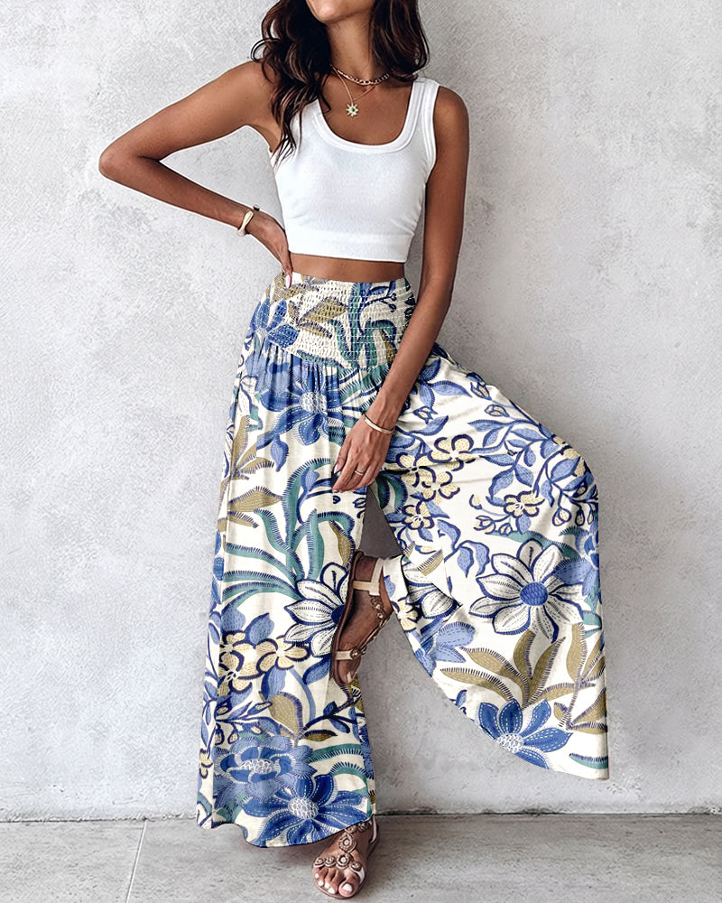 Vintage Floral Shirred Wide-Leg High-Waist Pants