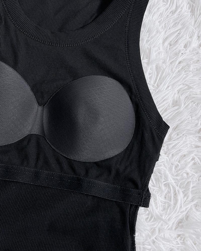 Ribbed Tank Top with Built-In Bra and Round Neck