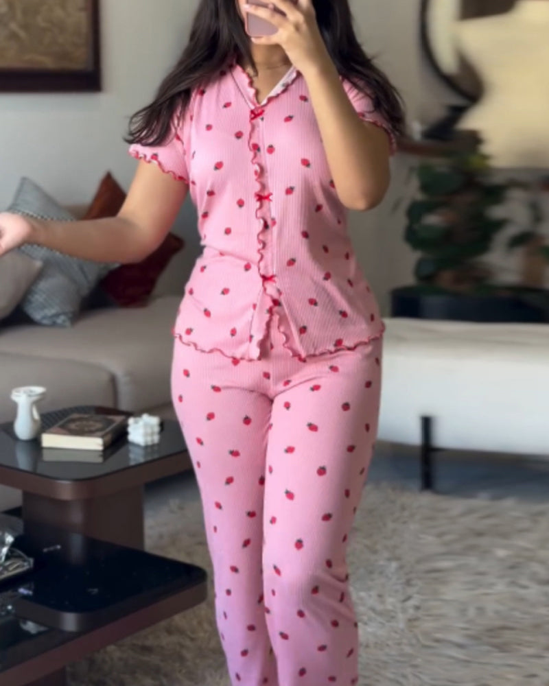 LA FINE FLEUR Strawberry Print Pajama Set with Stand Collar Tee in soft, comfortable fabric.