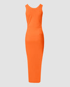 Side Slit Sleeveless Ribbed Maxi Dress with Drawstring Ruching