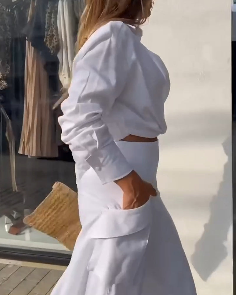 Ruched crop top paired with wide-leg pants from the LA FINE FLEUR  2-piece outfit.