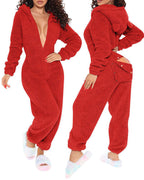 LA FINE FLEUR Lounge Jumpsuit with deep V-neck, plush fabric, 3D ear hood, back button flap.