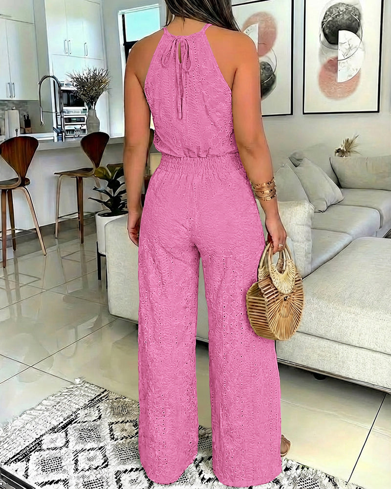 LA FINE FLEUR 2-Piece Halter Top and Slit Pants Set with Guipure Lace.