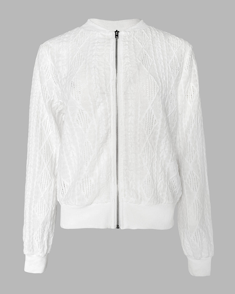 Lightweight bomber jacket with jacquard diamond pattern, hollow-out design, ribbed cuffs, hem, collar.