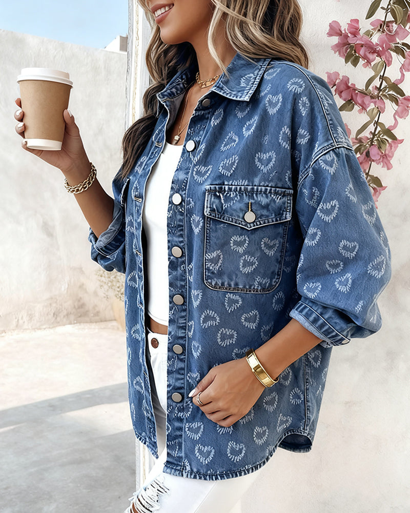 LA FINE FLEUR Vintage Heart Jacquard Denim Jacket with asymmetrical hem, white top, ripped jeans.