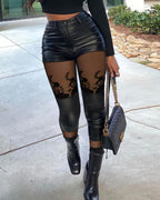 Contrast Lace Trim Faux Leather Slim Trousers