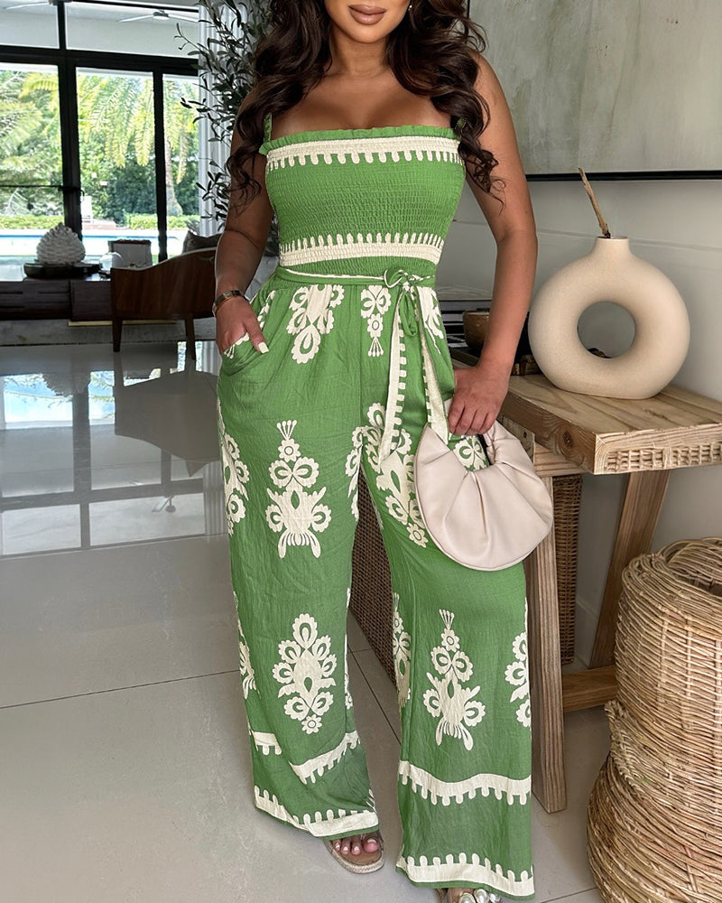 The LA FINE FLEUR Vintage Floral Square Neck Backless Wide Leg Jumpsuit is featured.
