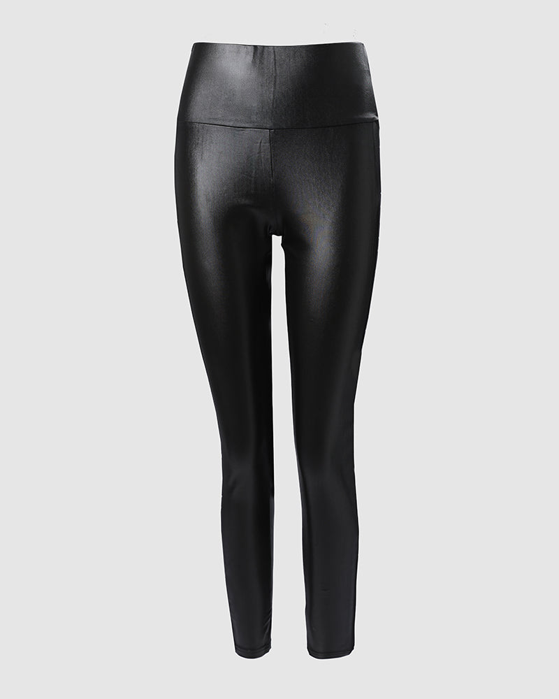 Rhinestone Mesh Accented High Waist PU Leather Pants