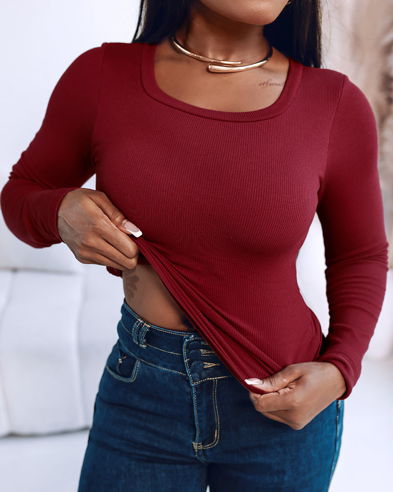 Built-In Bra U-Neck Tee Long Sleeve Stretchy Knit Top