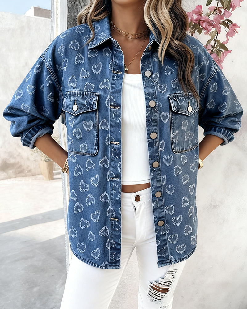LA FINE FLEUR  Vintage Heart Jacquard Denim Jacket with Asymmetrical Hem, white ribbed top, ripped jeans.