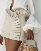 Ruched High-Waist Shorts with Flouncy Ruffle Hem