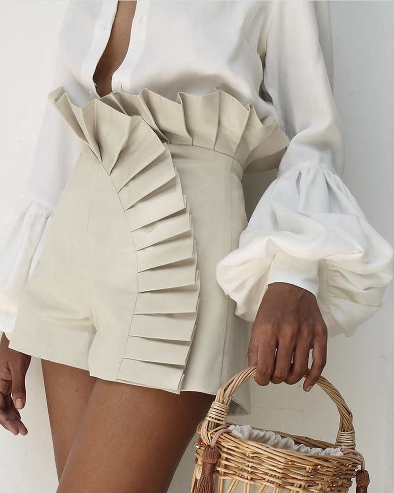 Ruched High-Waist Shorts with Flouncy Ruffle Hem