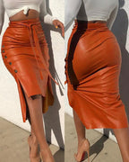 High-Waisted Faux Leather Midi Skirt with Side Split