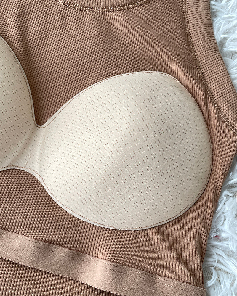 Ribbed Tank Top with Built-In Bra and Round Neck