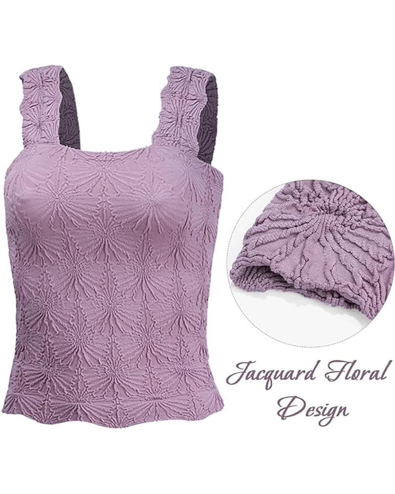 Floral Jacquard Square Neck Crop Top with Thick Straps