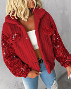 LA FINE FLEUR teddy jacket with sequin patch, white crop top, and light blue ripped jeans.