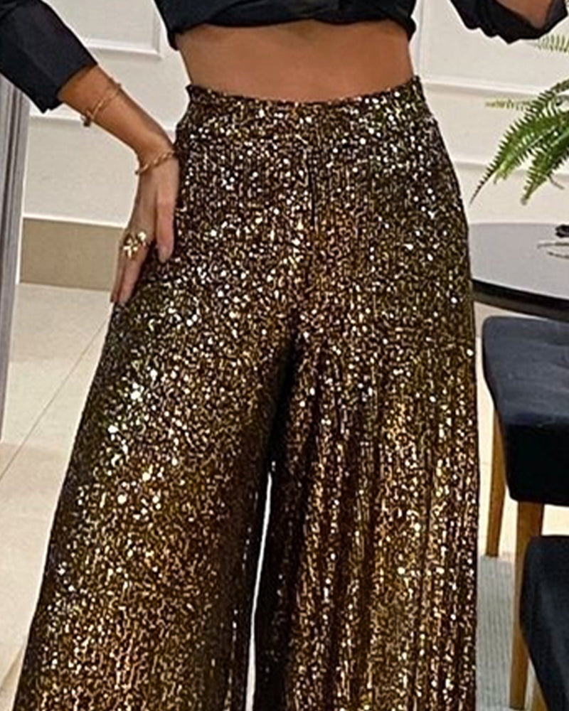 High-Waist Wide-Leg Sequined Evening Pants