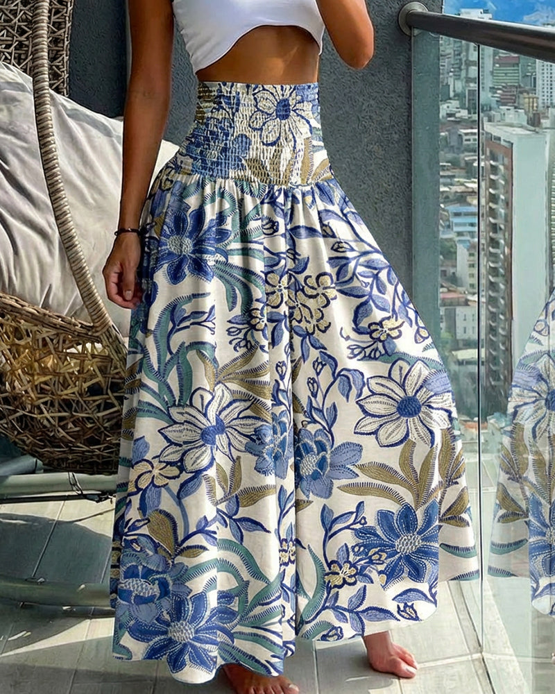 Vintage Floral Shirred Wide-Leg High-Waist Pants
