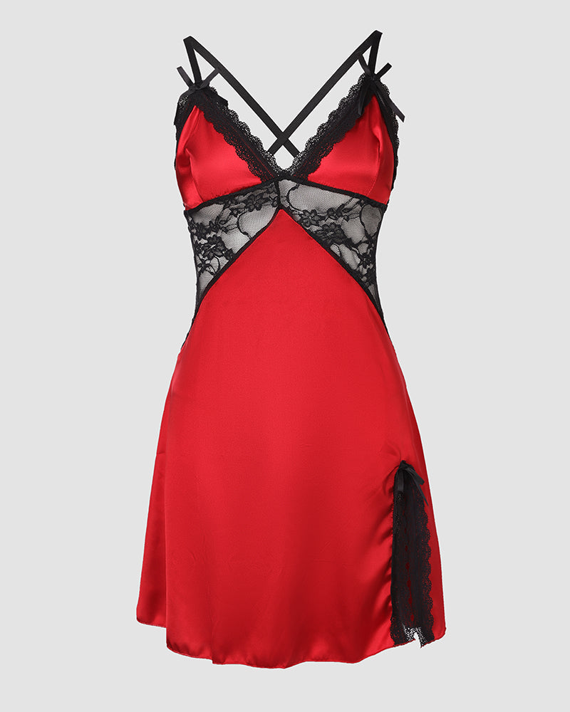 Black-strapped babydoll with lace bust and waist panels plus side slit lace detailing.
