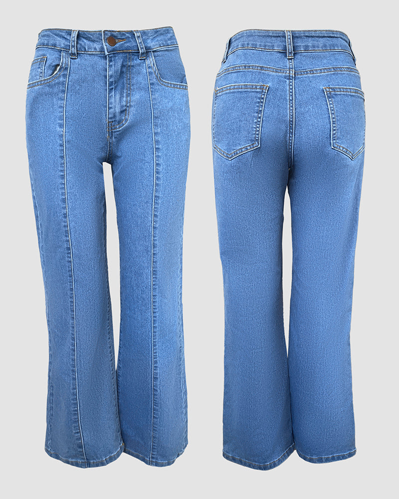 Seam Front Zip-Fly High Waist Straight Denim Jeans