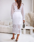 Crochet Elastic Skirt, Mid-Calf Hollow-Out Design, Casual Wear